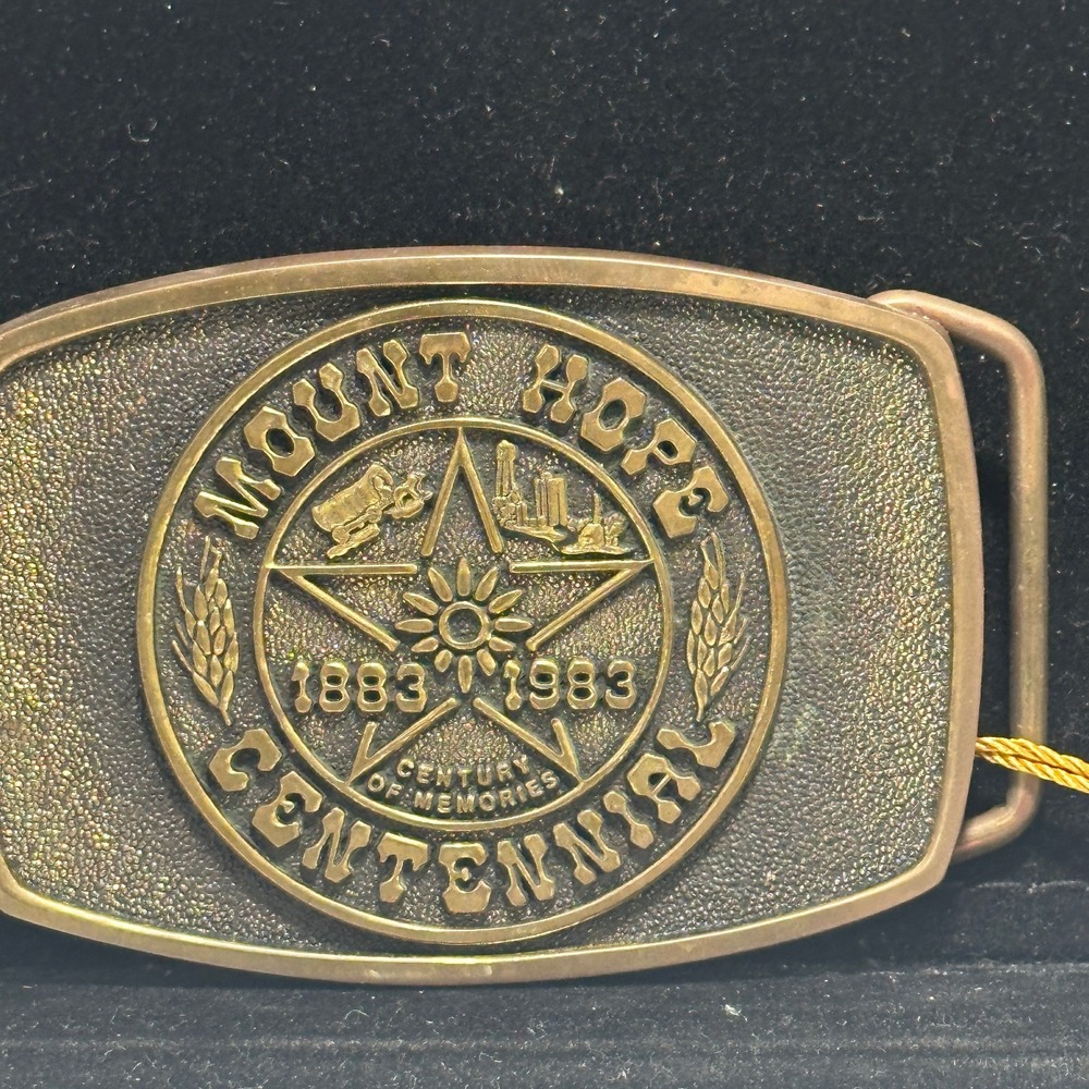 1983 Mount Hope Kansas Centennial Belt Buckle #70 1883-1983 Brass Wheat Farming